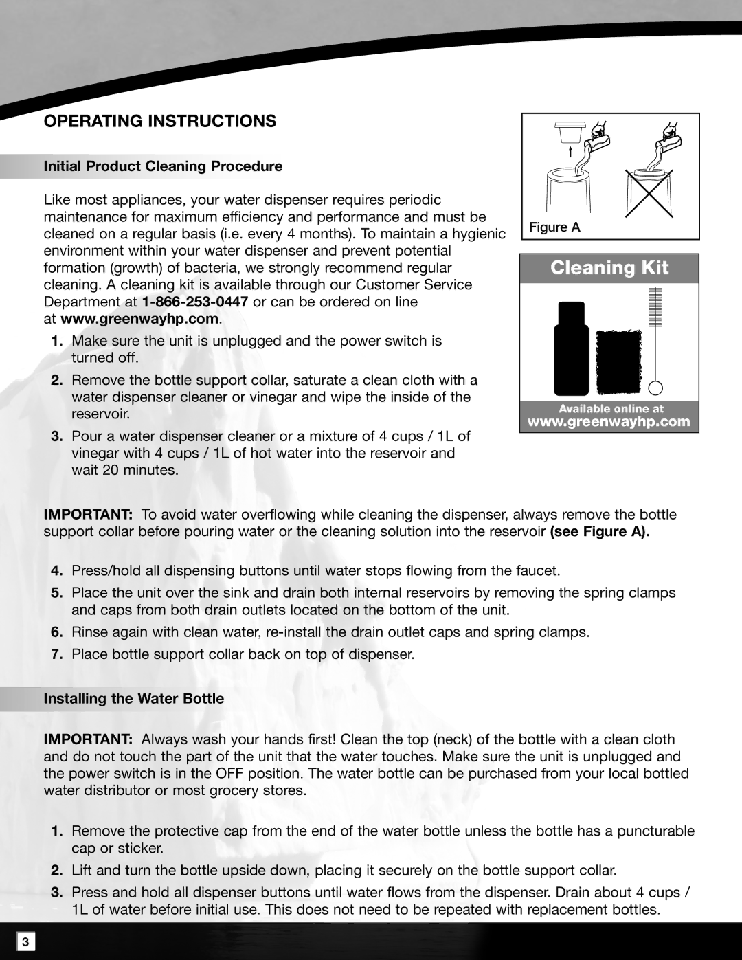 Polar PWD2635W-1 manual Operating Instructions, Initial Product Cleaning Procedure, Installing the Water Bottle 