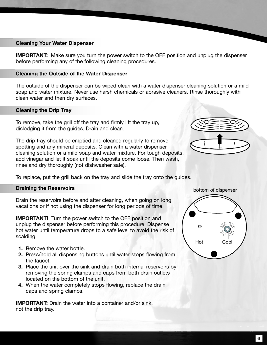 Polar PWD2635W-1 manual Cleaning Your Water Dispenser, Cleaning the Outside of the Water Dispenser, Cleaning the Drip Tray 