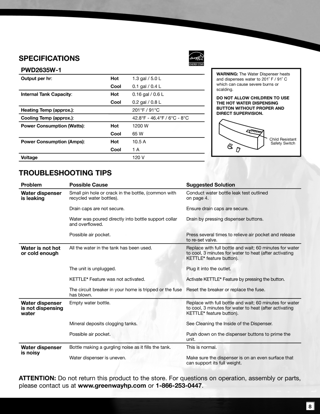 Polar PWD2635W-1 manual Specifications, Troubleshooting Tips 