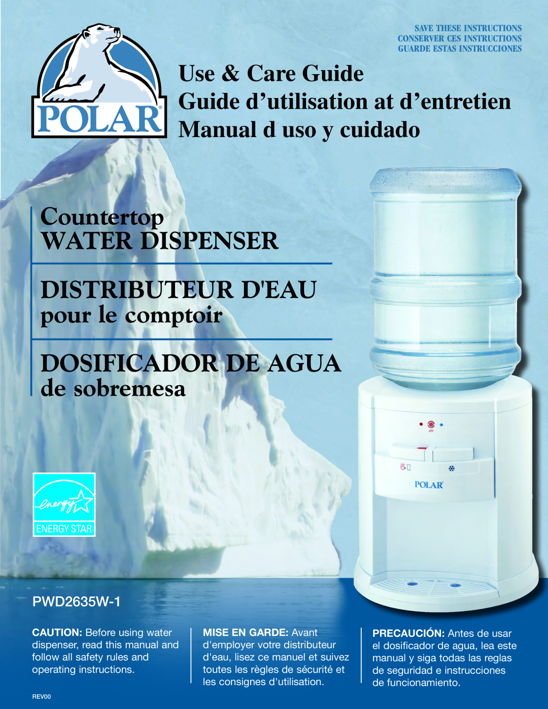 Polar PWD2635W-1 manual Countertop WATER DISPENSER Distributeur deau pour le comptoir, Dosificador de agua de sobremesa 