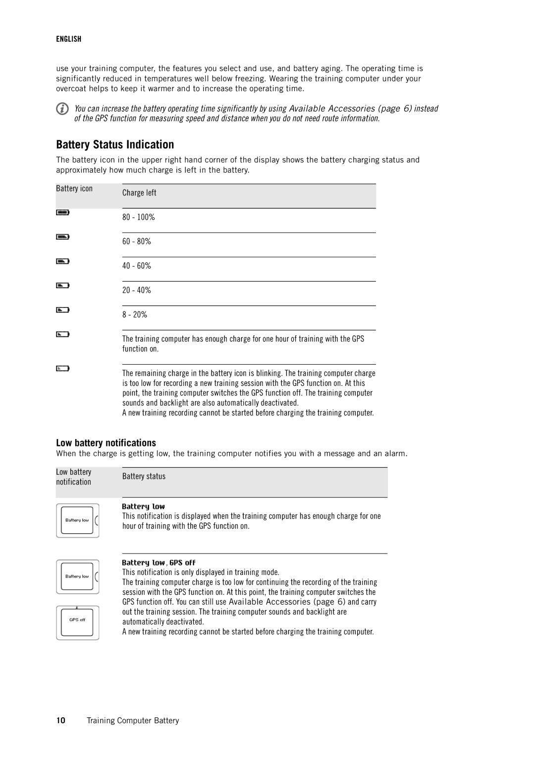 Polar RC3 GPS user manual Battery Status Indication, Low battery notifications 