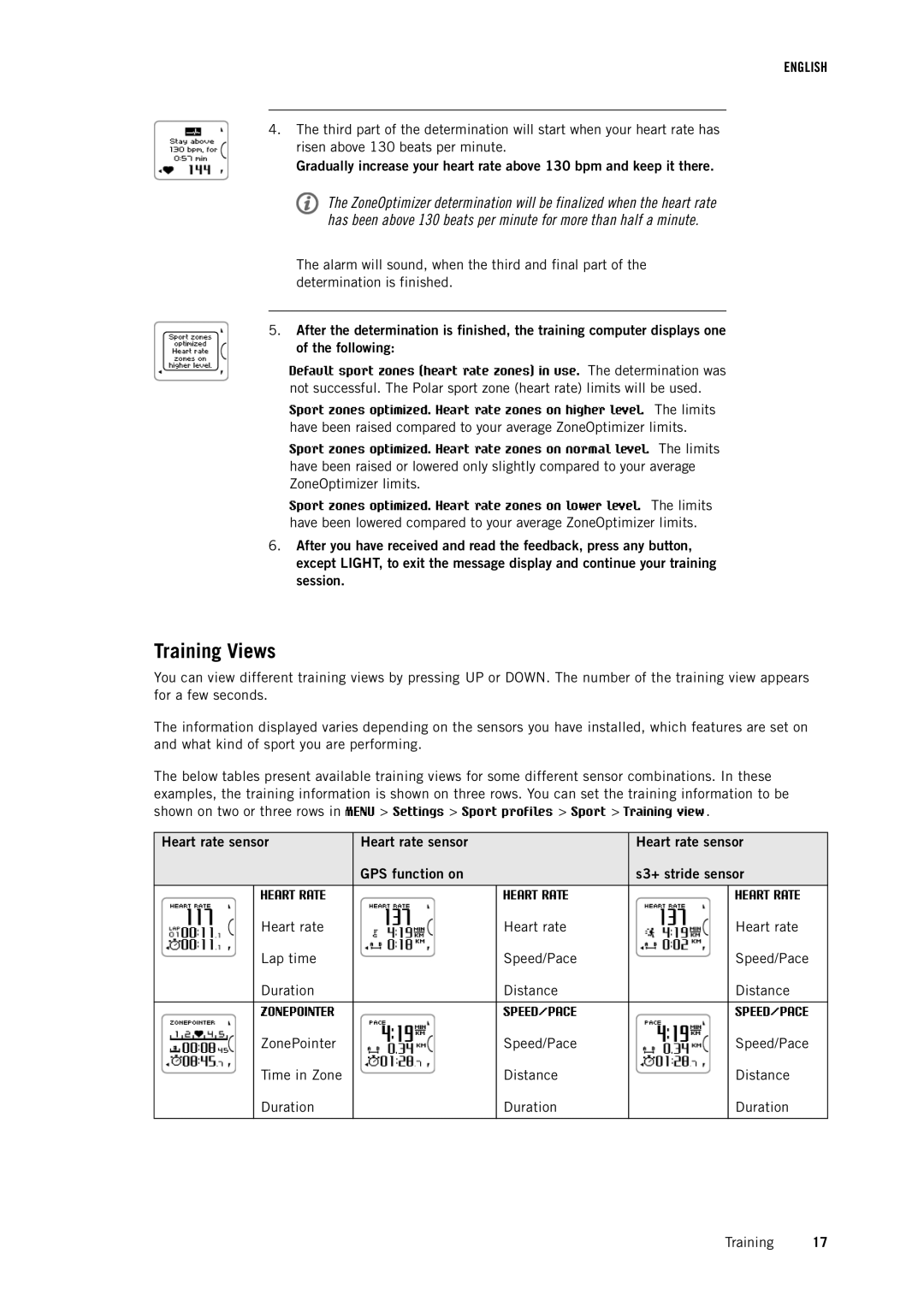 Polar RC3 GPS user manual Training Views, Heart rate sensor GPS function on S3+ stride sensor 