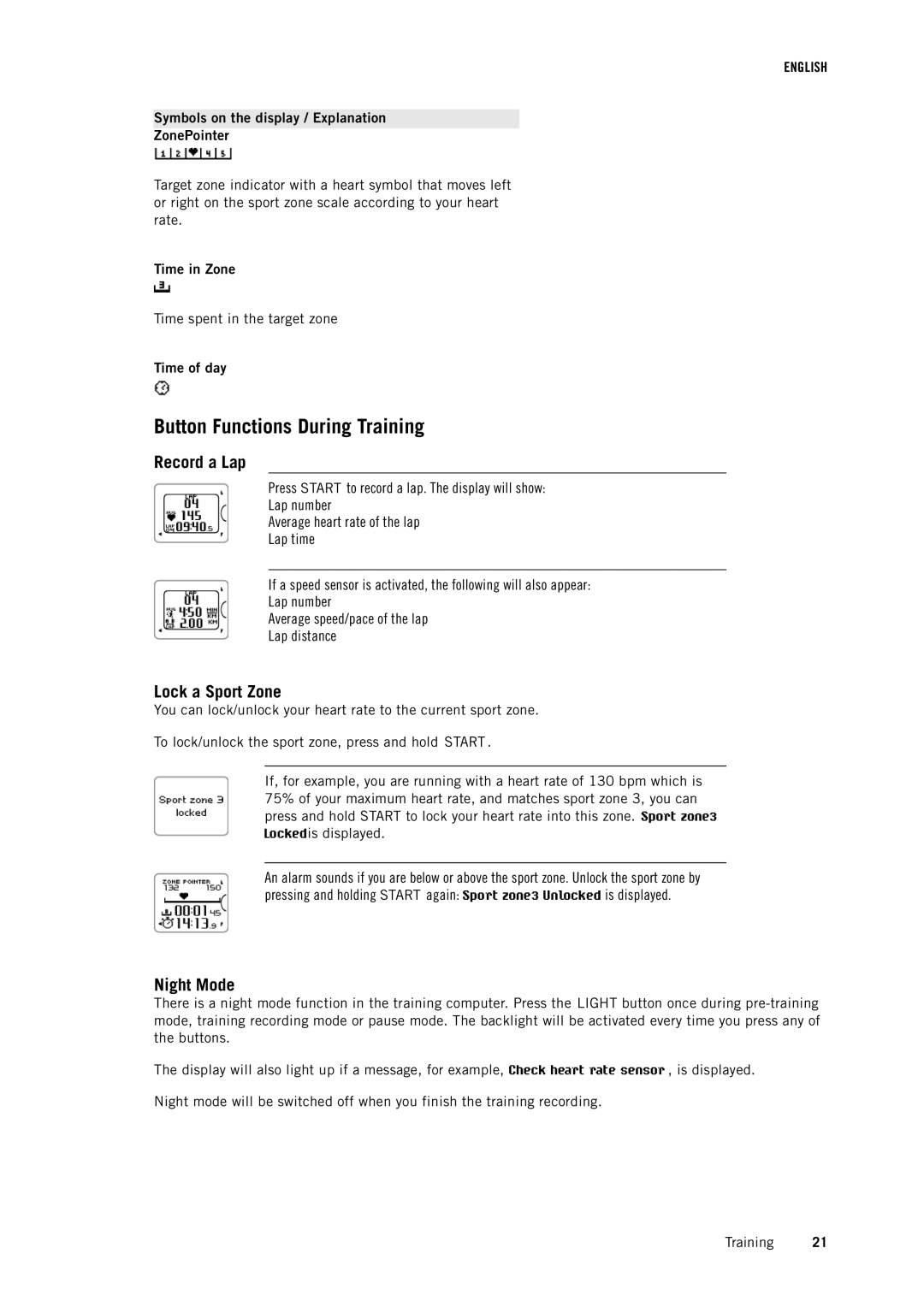 Polar RC3 GPS user manual Button Functions During Training, Record a Lap, Lock a Sport Zone, Night Mode 