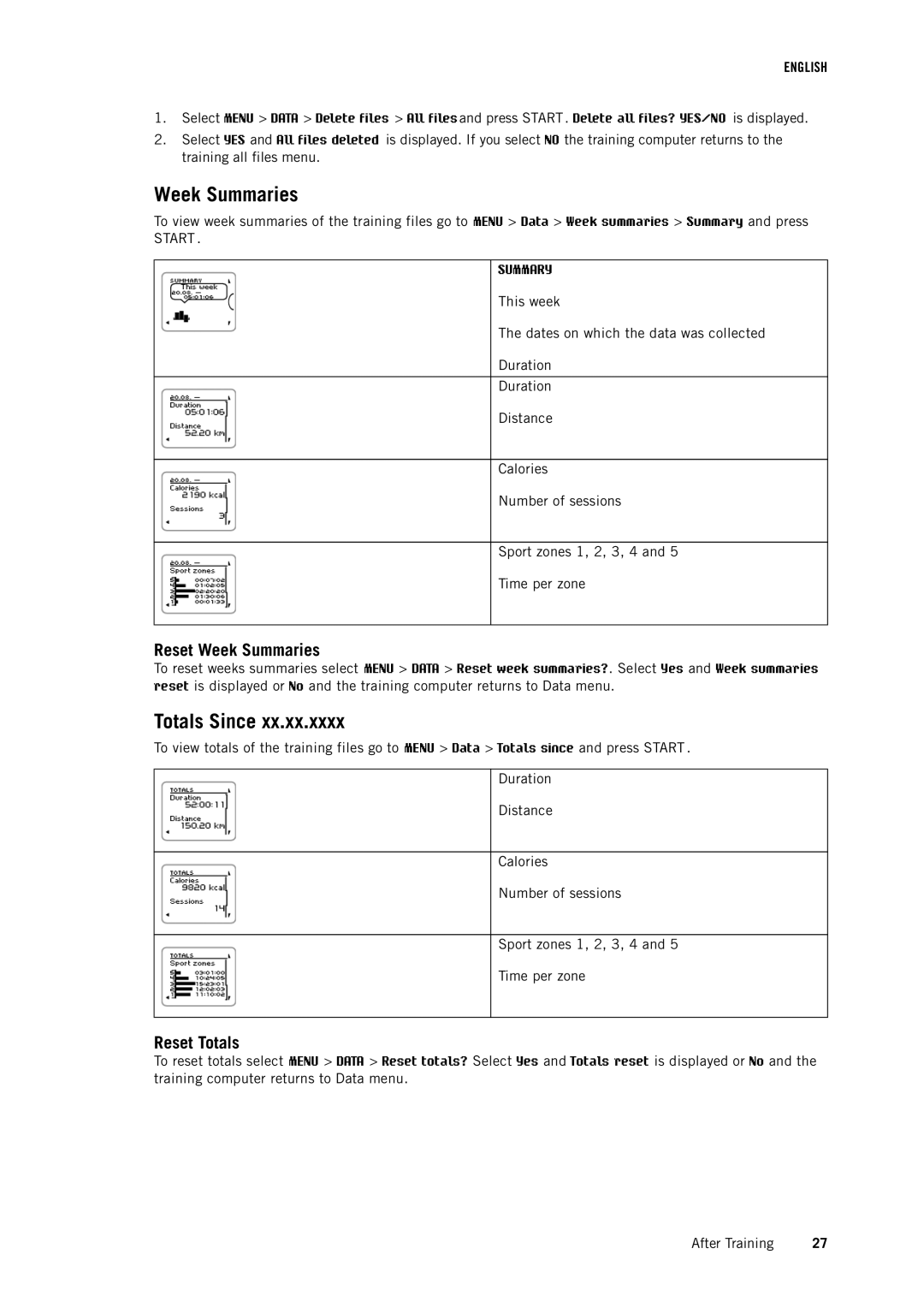 Polar RC3 GPS user manual Totals Since, Reset Week Summaries, Reset Totals 