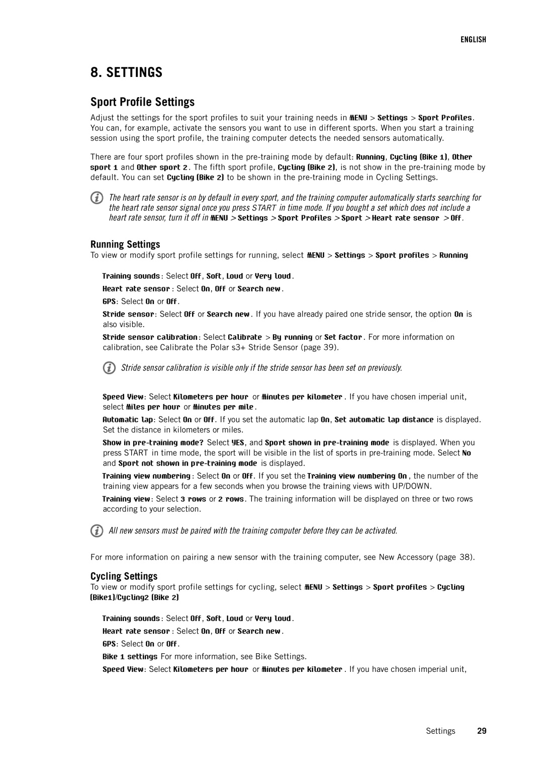 Polar RC3 GPS user manual Running Settings, Cycling Settings 