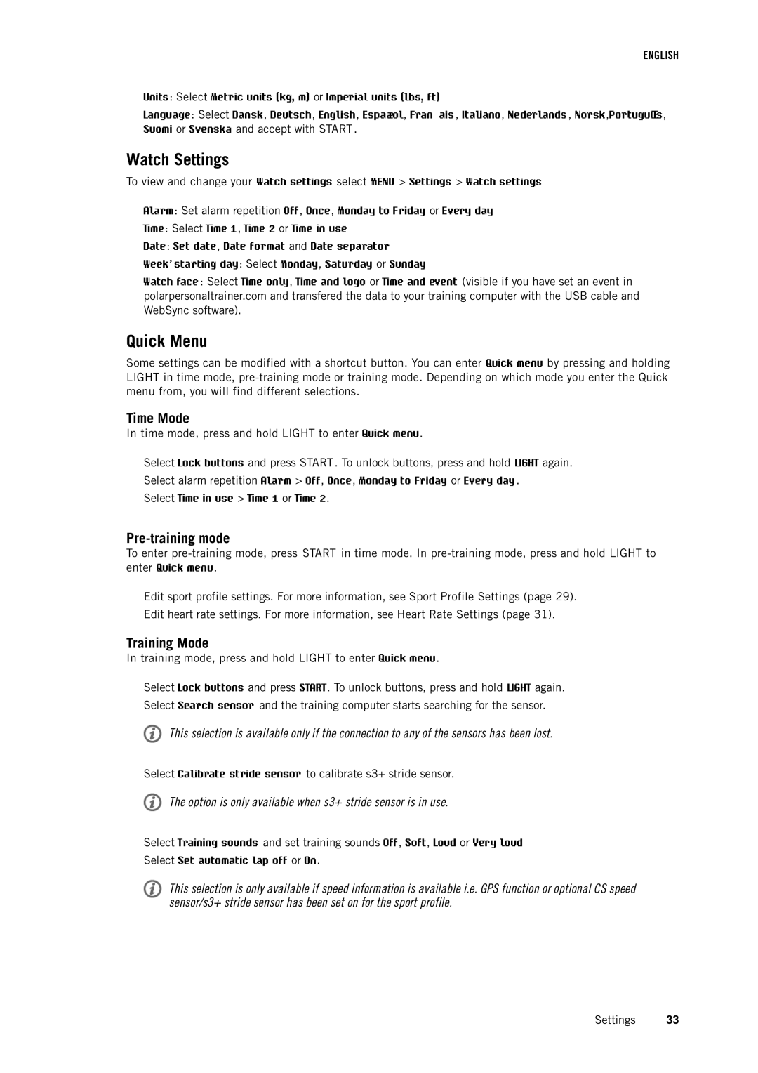 Polar RC3 GPS user manual Watch Settings, Quick Menu, Time Mode, Pre-training mode, Training Mode 