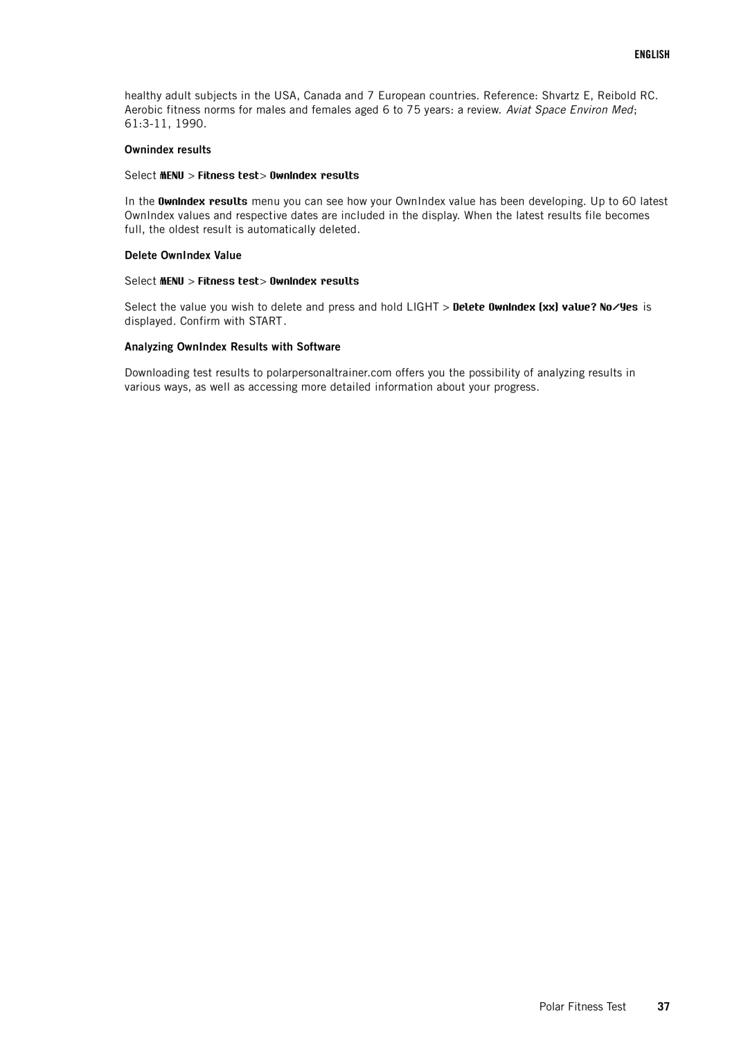 Polar RC3 GPS user manual Ownindex results, Delete OwnIndex Value, Analyzing OwnIndex Results with Software 