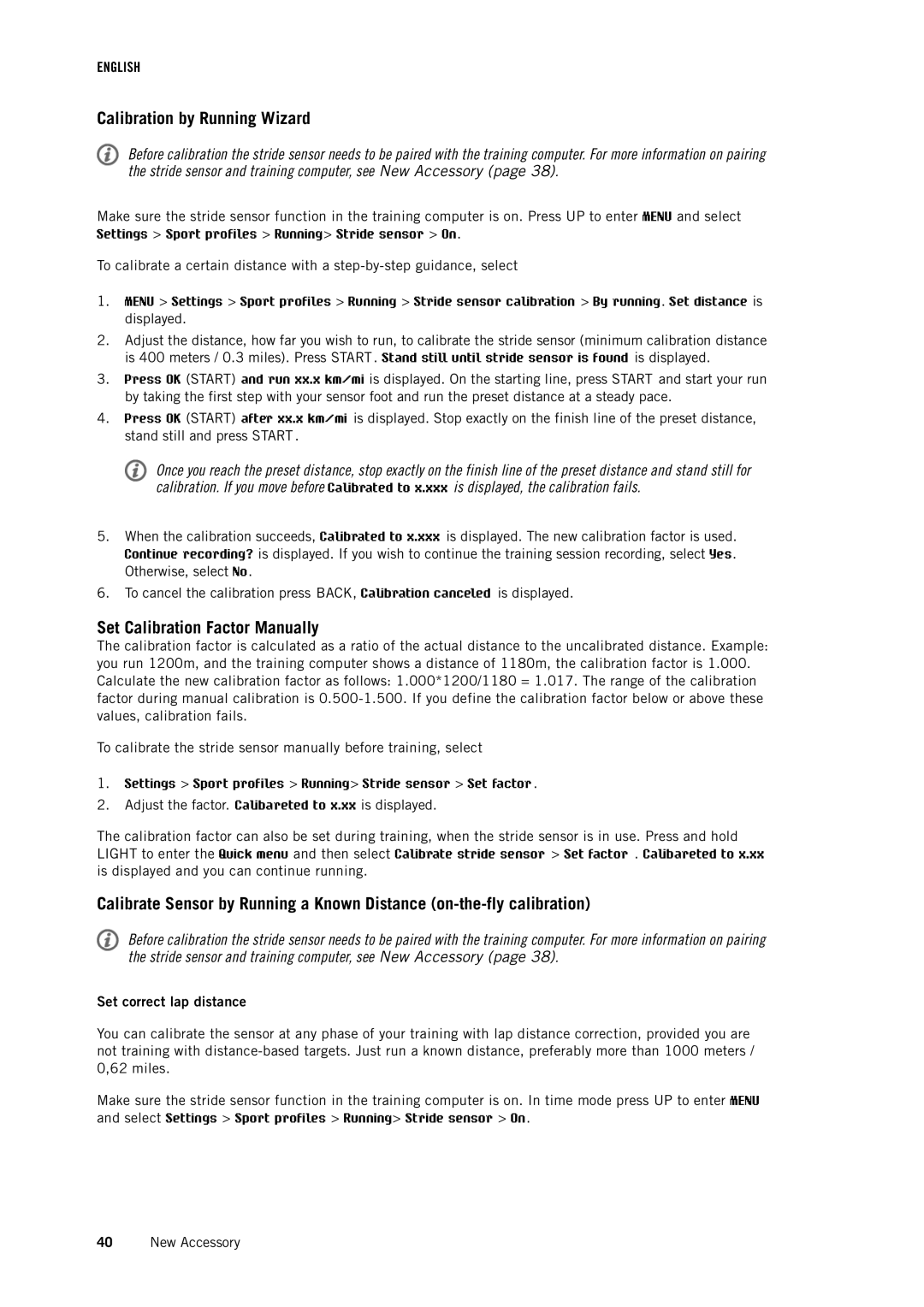 Polar RC3 GPS user manual Calibration by Running Wizard, Set Calibration Factor Manually, Set correct lap distance 