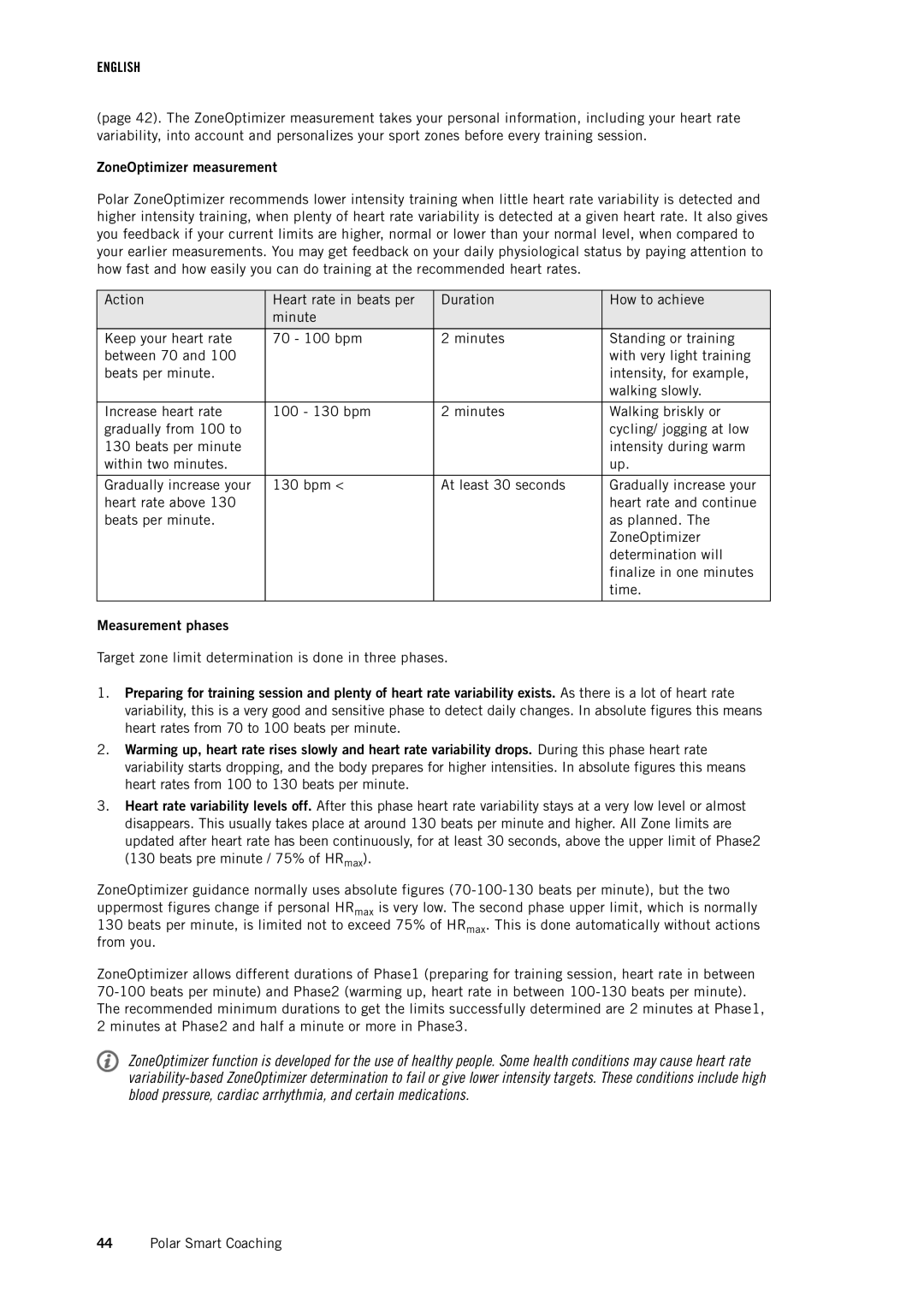 Polar RC3 GPS user manual ZoneOptimizer measurement, Measurement phases 