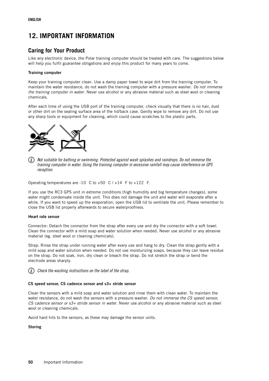 Polar RC3 GPS user manual Important Information, Caring for Your Product 