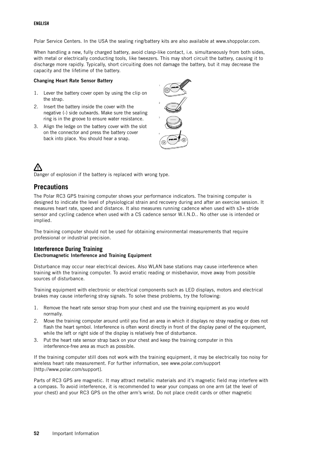 Polar RC3 GPS user manual Precautions, Interference During Training, Changing Heart Rate Sensor Battery 