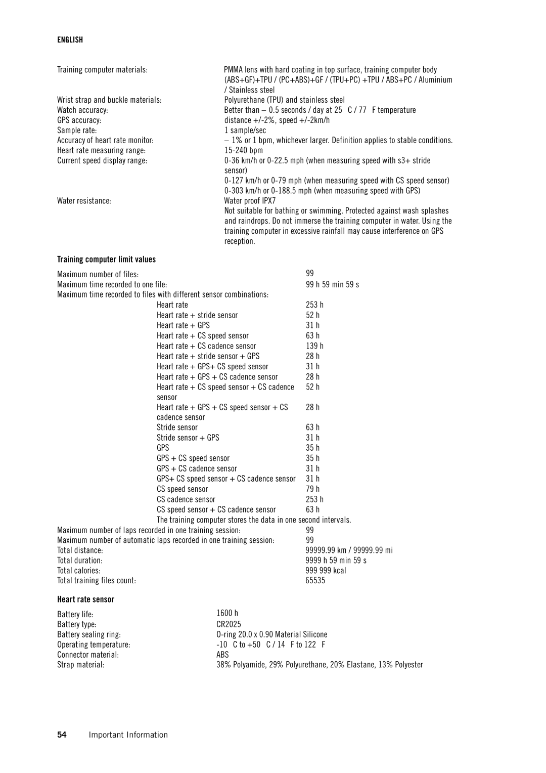 Polar RC3 GPS user manual Training computer limit values 