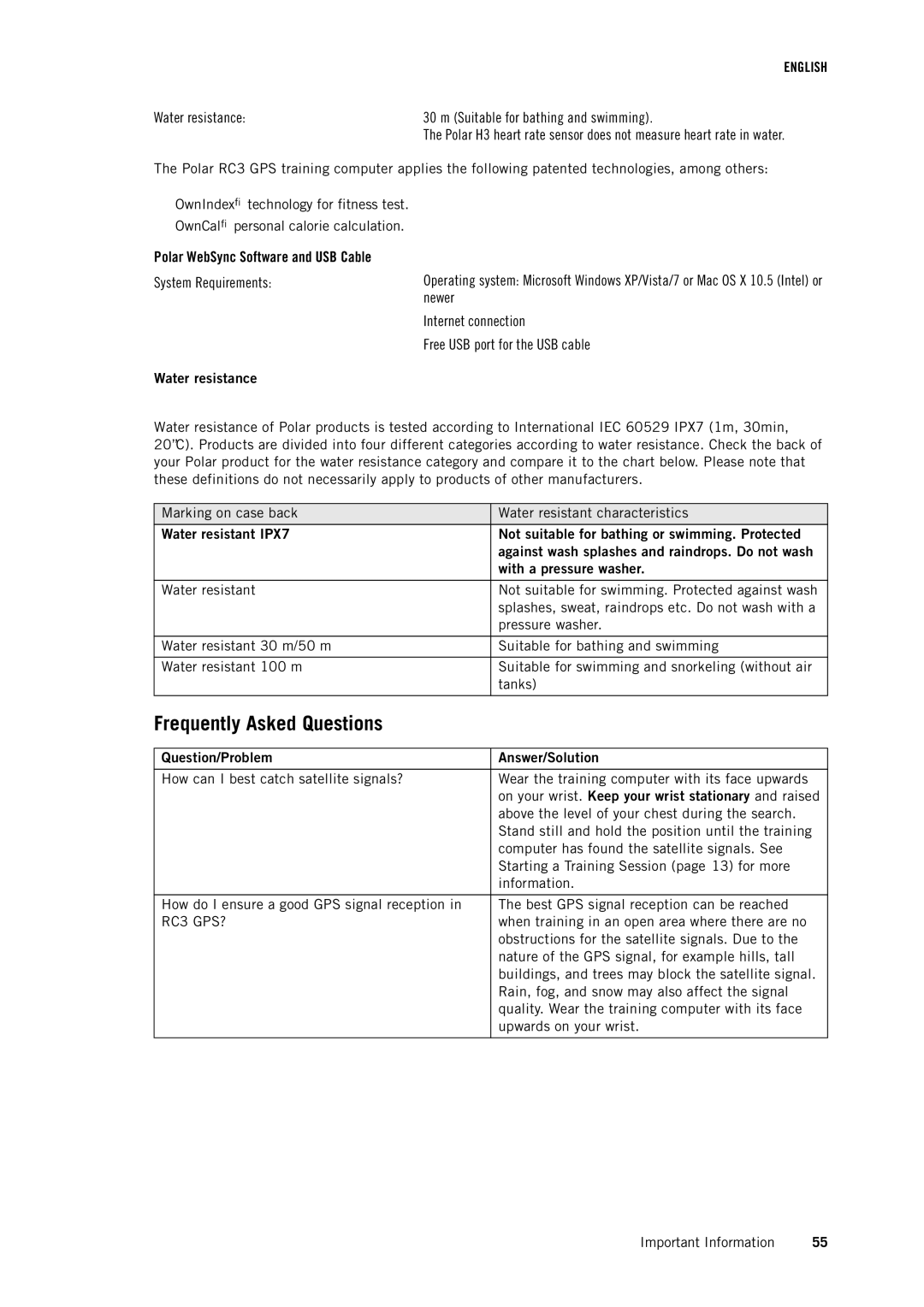 Polar RC3 GPS user manual Frequently Asked Questions, Water resistance, Question/Problem Answer/Solution 