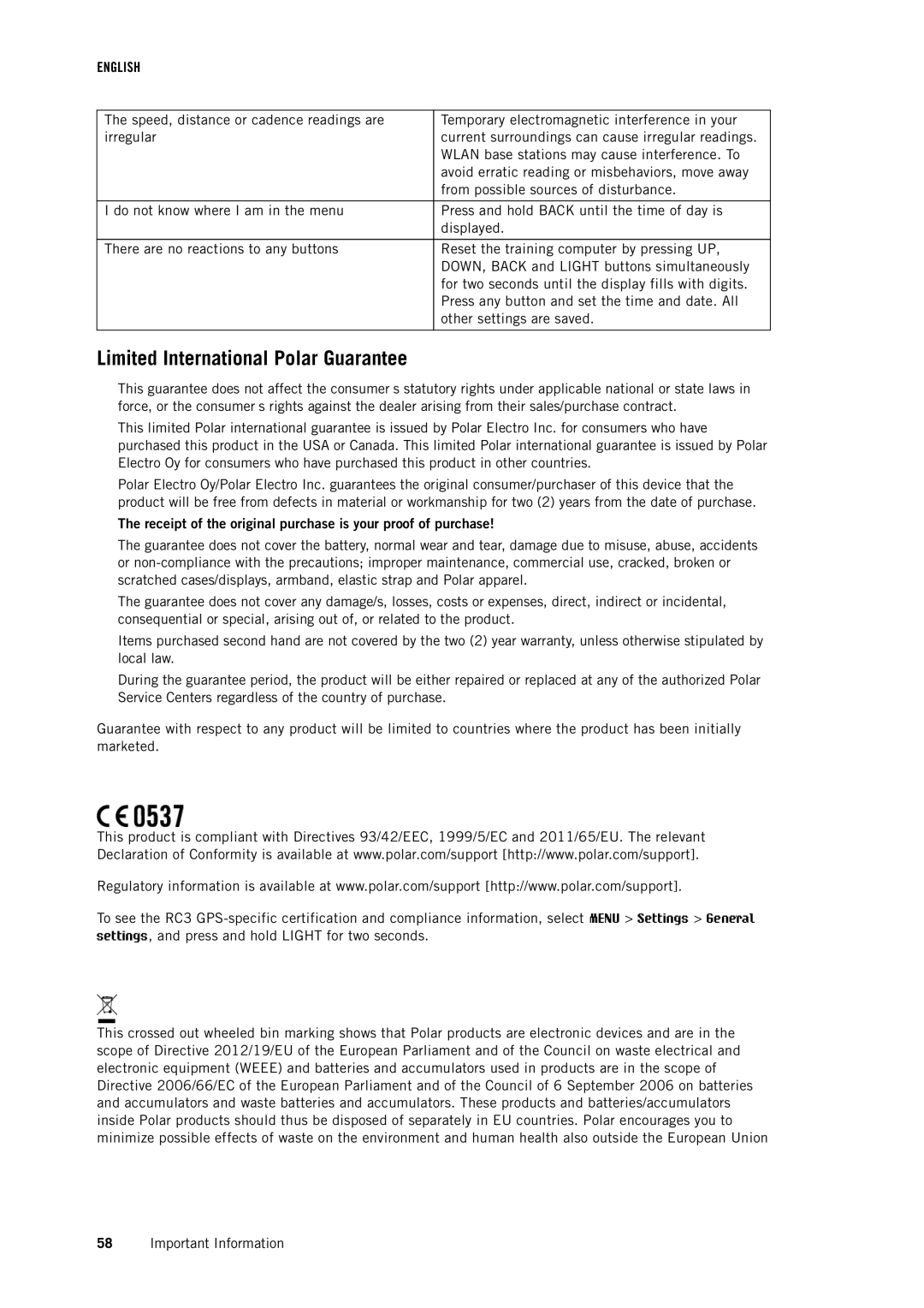 Polar RC3 GPS user manual Limited International Polar Guarantee, Receipt of the original purchase is your proof of purchase 