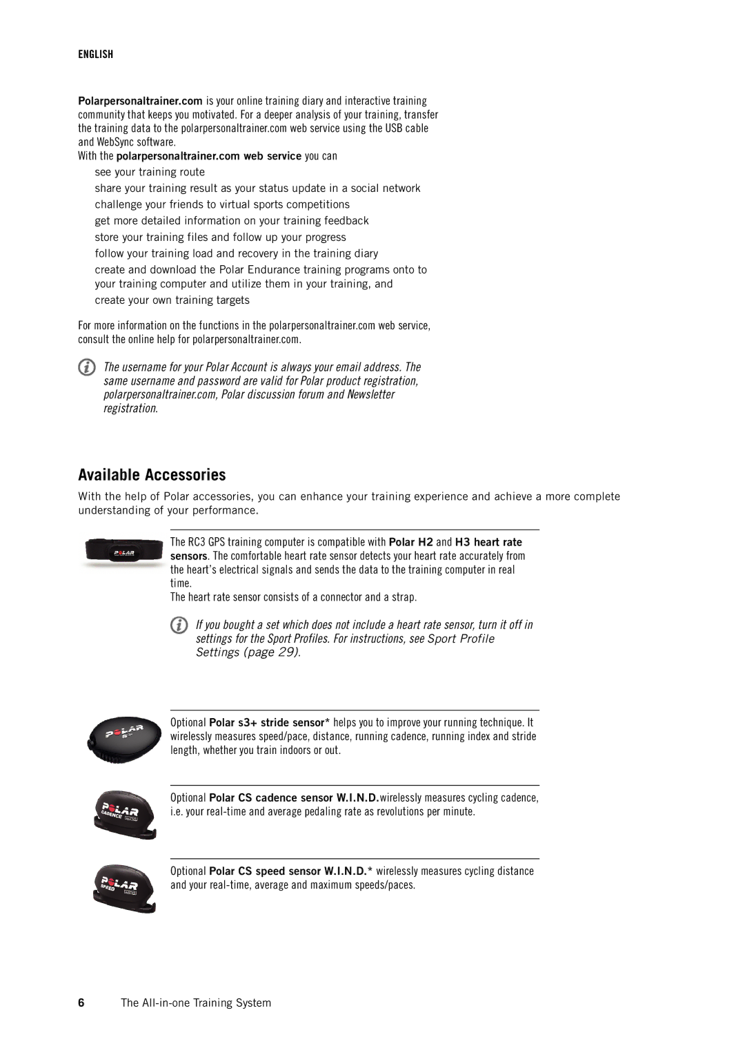 Polar RC3 GPS user manual Available Accessories 