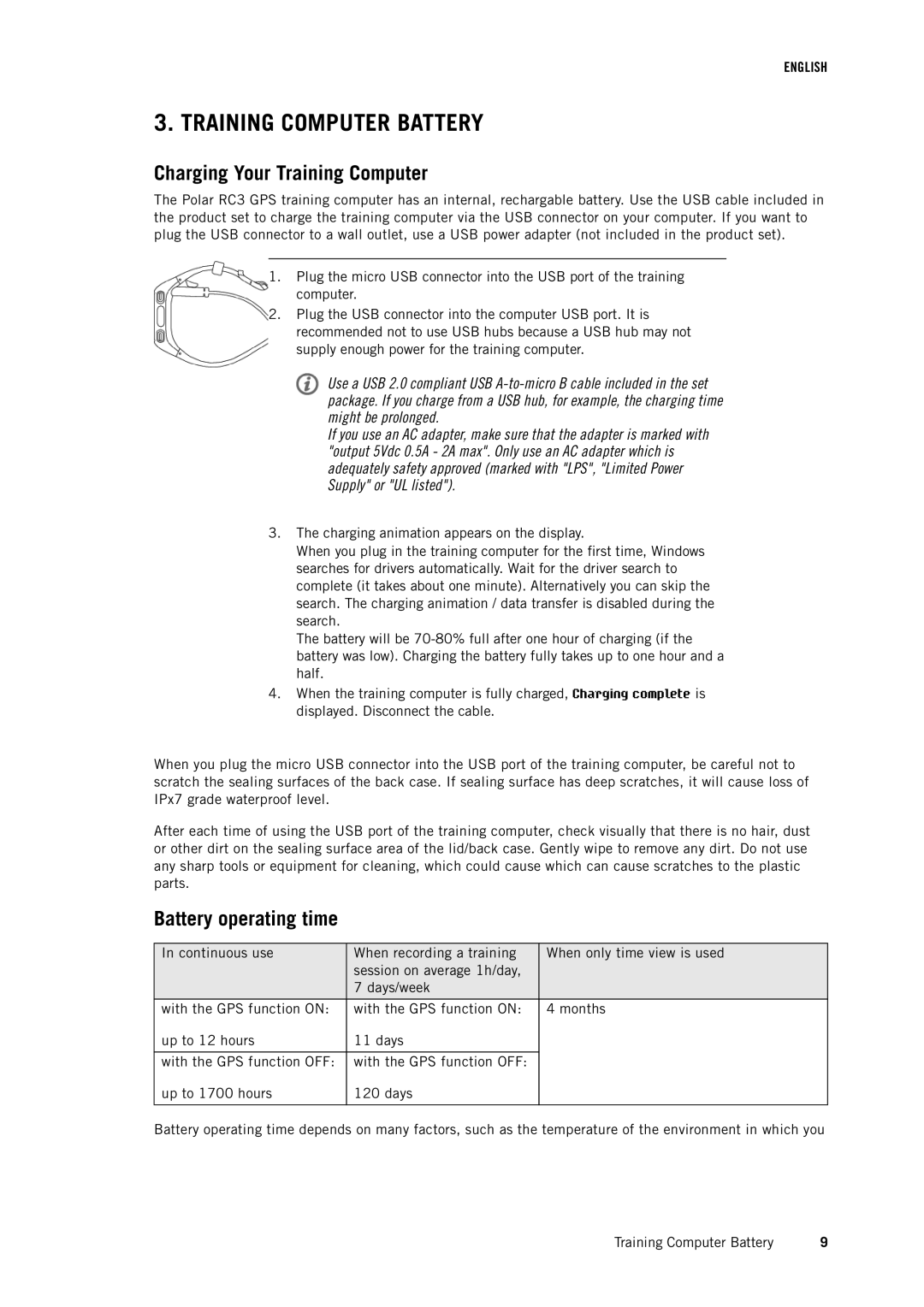 Polar RC3 GPS user manual Training Computer Battery, Charging Your Training Computer, Battery operating time 