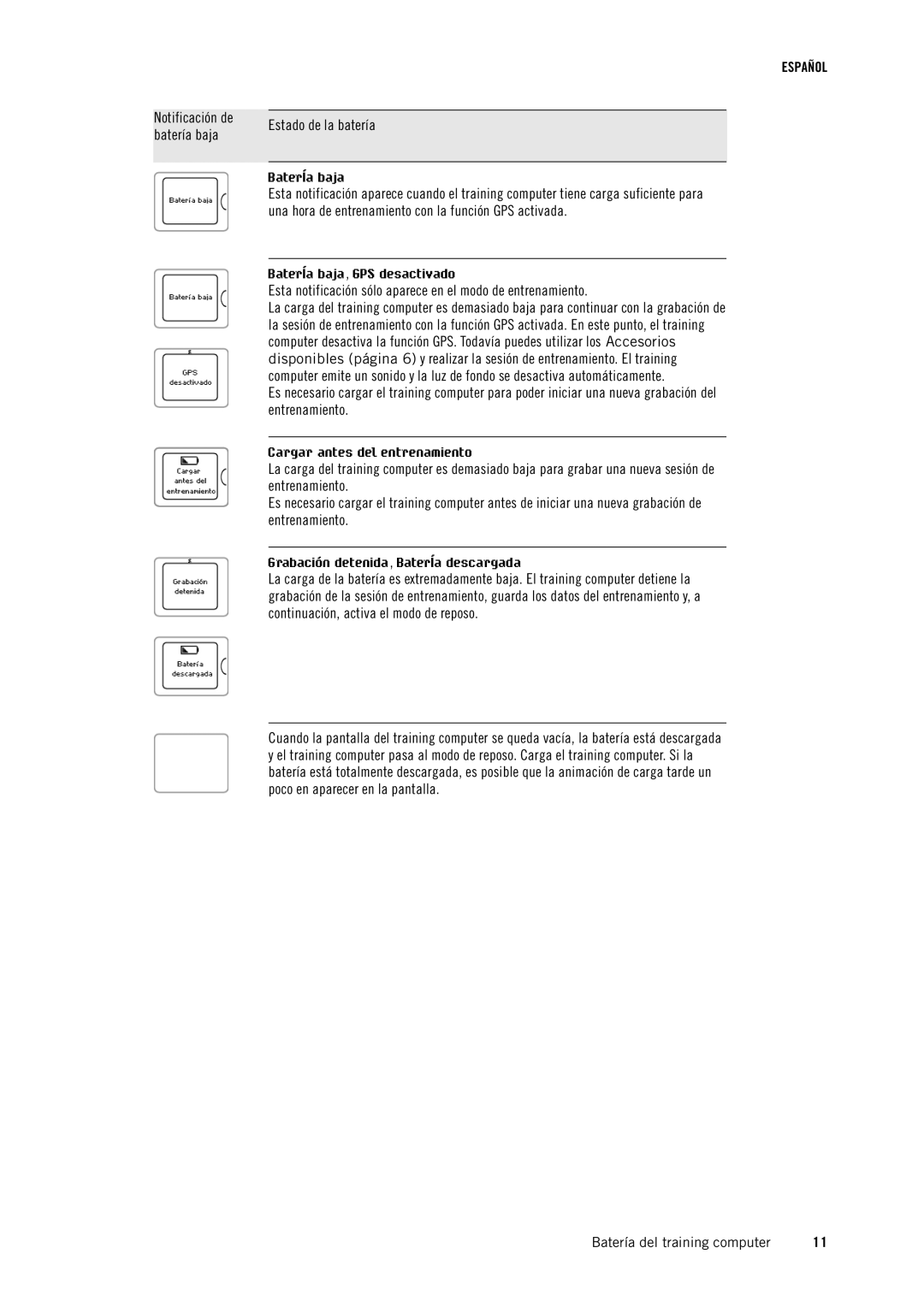 Polar RC3GPS manual Estado de la batería 