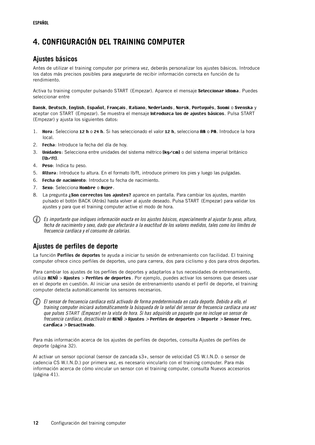 Polar RC3GPS manual Configuración DEL Training Computer, Ajustes básicos, Ajustes de perfiles de deporte 