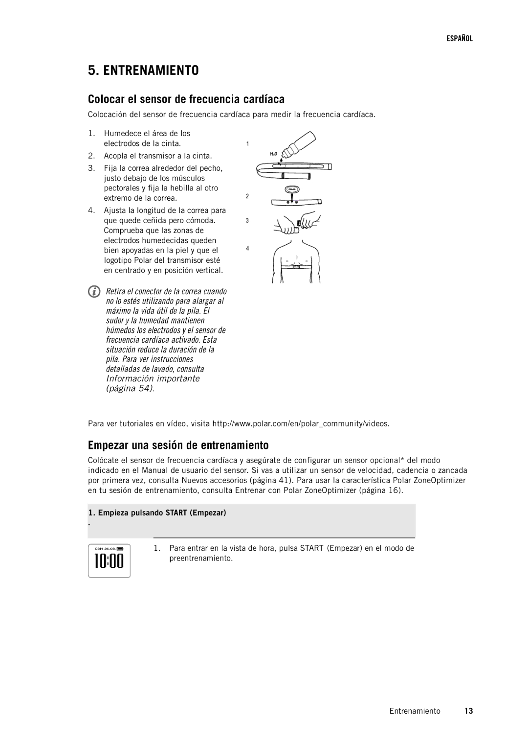 Polar RC3GPS manual Entrenamiento, Colocar el sensor de frecuencia cardíaca, Empezar una sesión de entrenamiento 