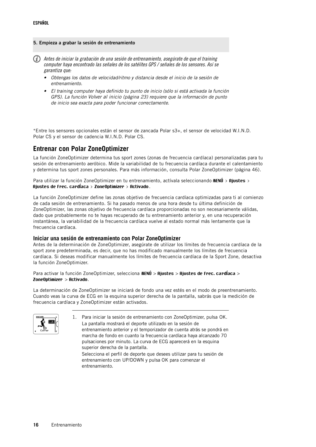 Polar RC3GPS manual Entrenar con Polar ZoneOptimizer, Iniciar una sesión de entrenamiento con Polar ZoneOptimizer 