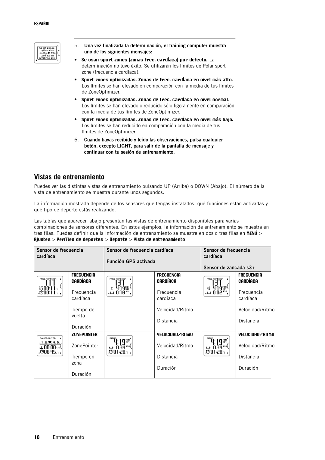 Polar RC3GPS manual Vistas de entrenamiento 