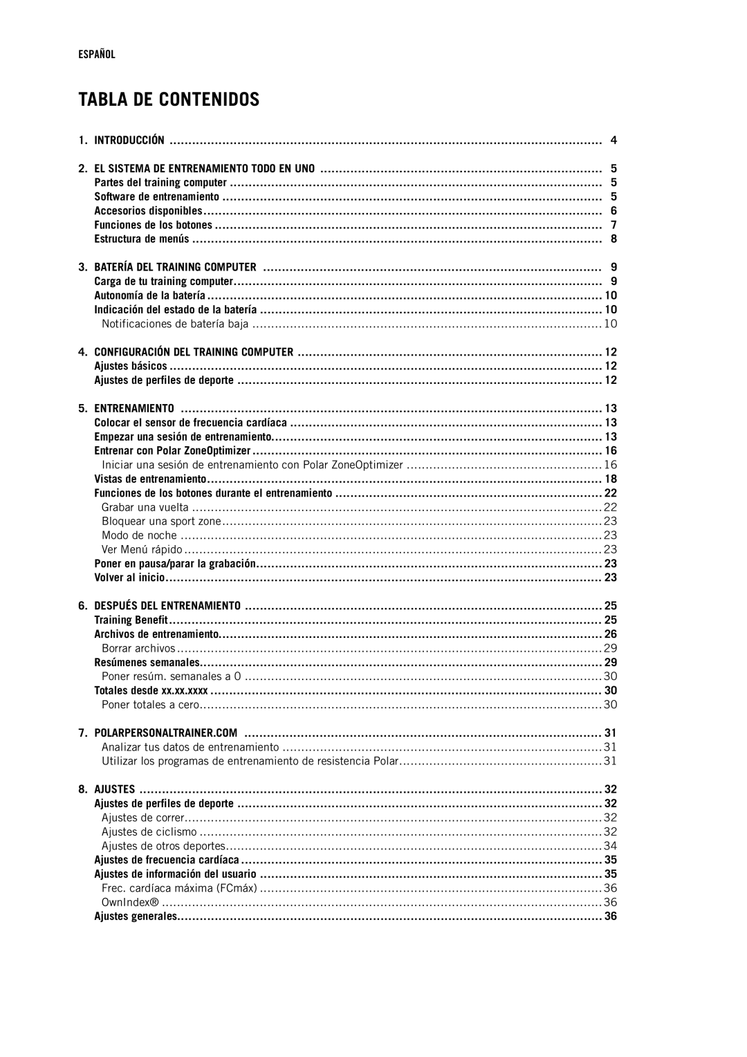 Polar RC3GPS manual Tabla DE Contenidos, Ajustes básicos Ajustes de perfiles de deporte 