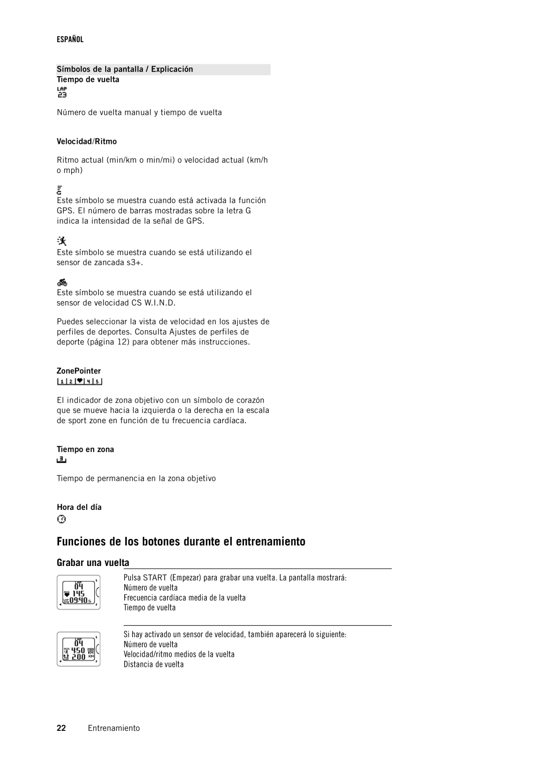 Polar RC3GPS manual Funciones de los botones durante el entrenamiento, Grabar una vuelta 