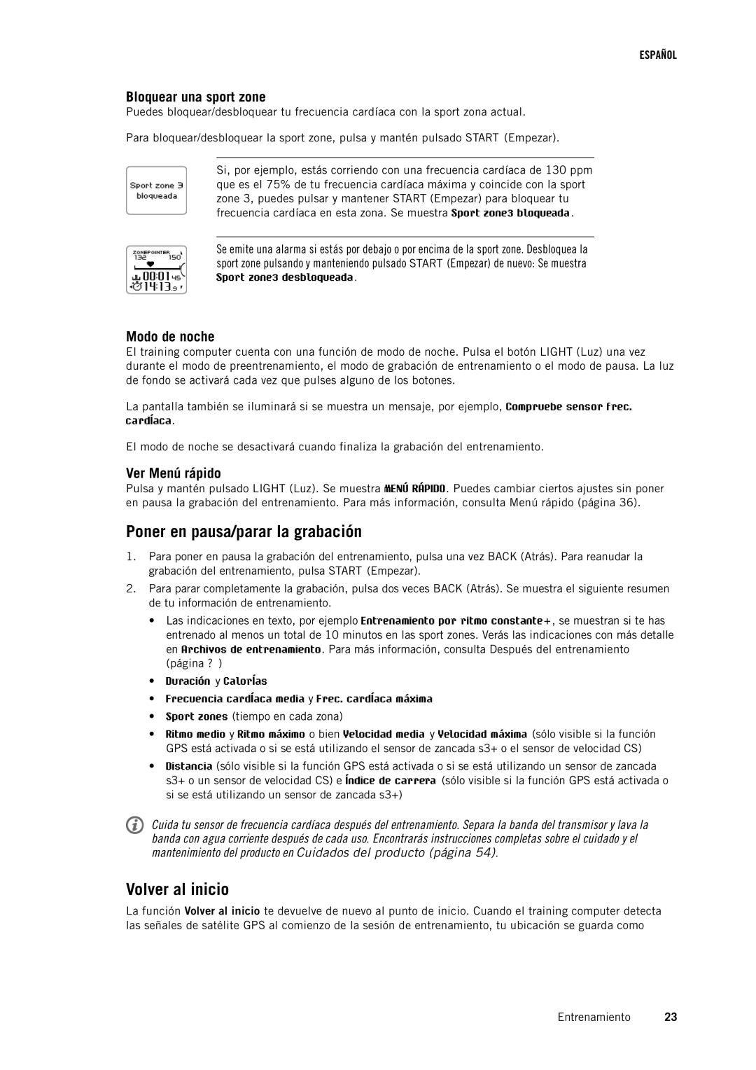 Polar RC3GPS Poner en pausa/parar la grabación, Volver al inicio, Bloquear una sport zone, Modo de noche, Ver Menú rápido 
