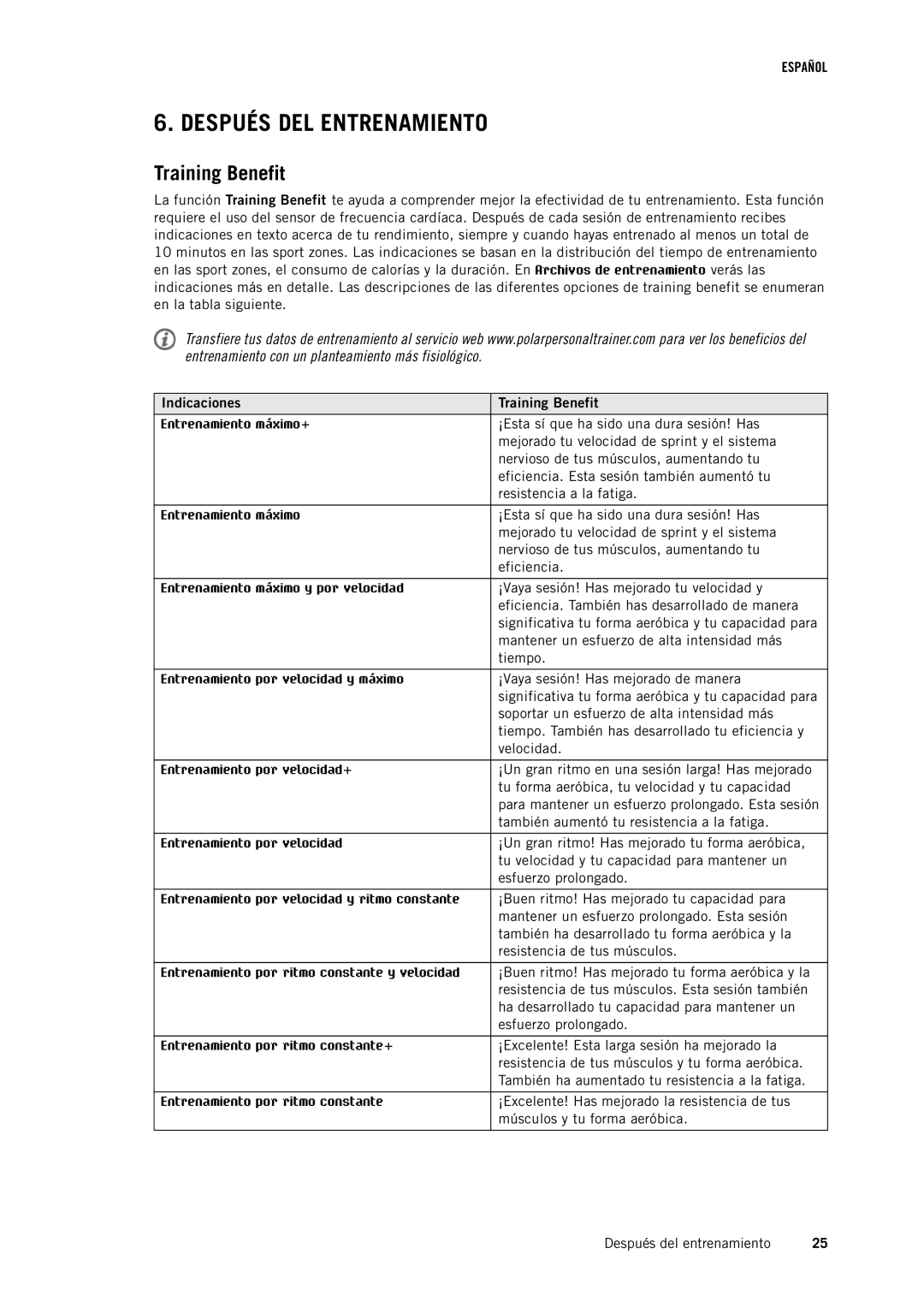 Polar RC3GPS manual Después DEL Entrenamiento, Indicaciones Training Benefit 