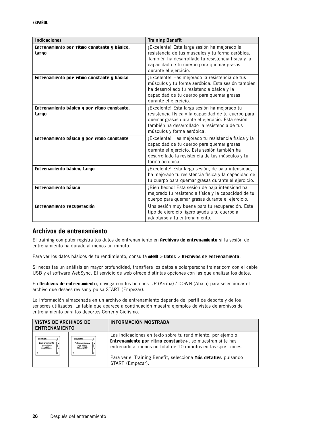 Polar RC3GPS manual Archivos de entrenamiento, Vistas DE Archivos DE Información Mostrada Entrenamiento 