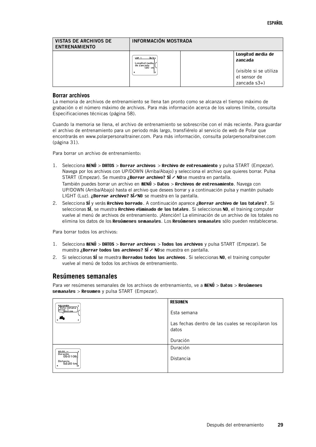 Polar RC3GPS manual Resúmenes semanales, Borrar archivos 