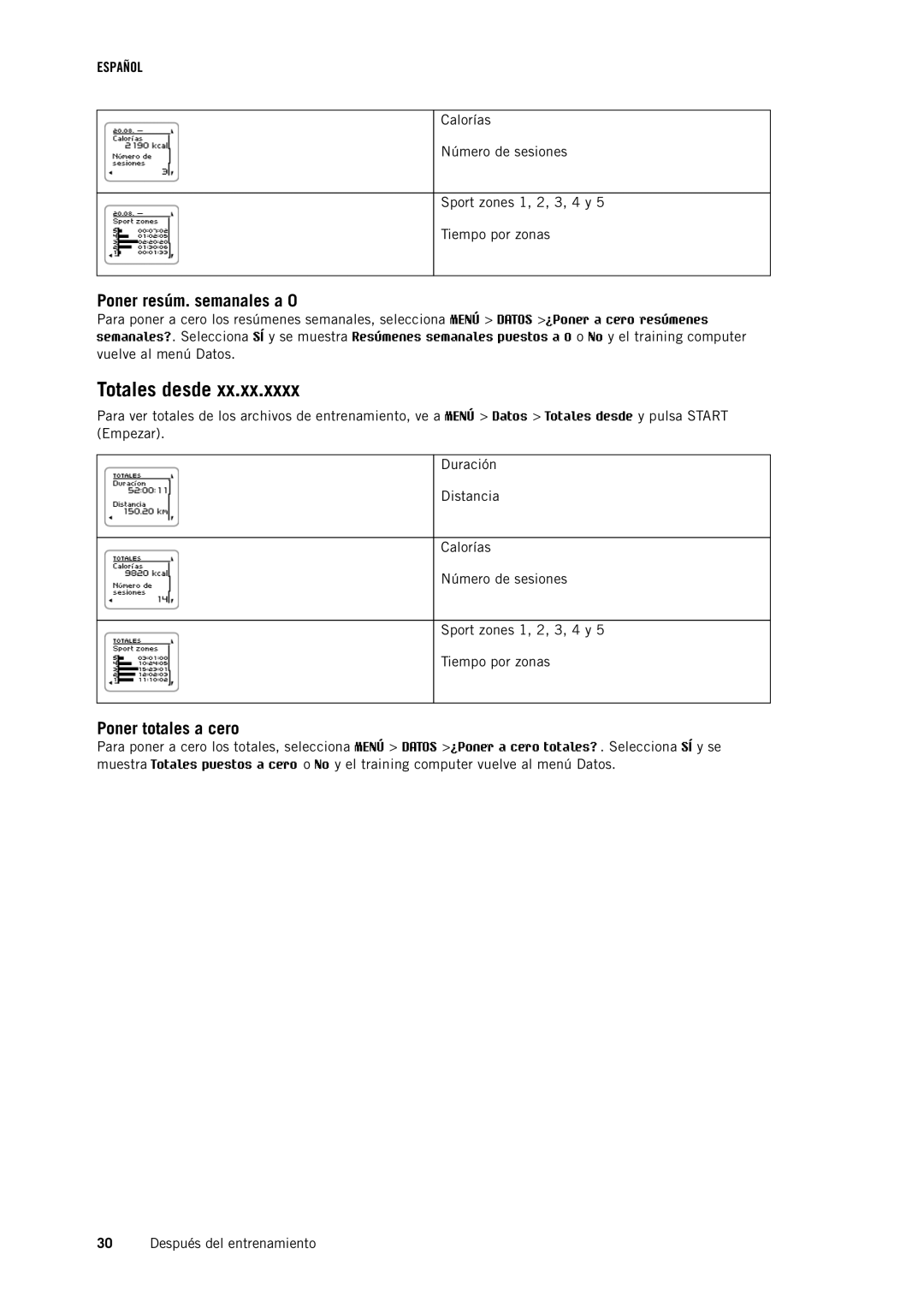 Polar RC3GPS manual Totales desde, Poner resúm. semanales a, Poner totales a cero 