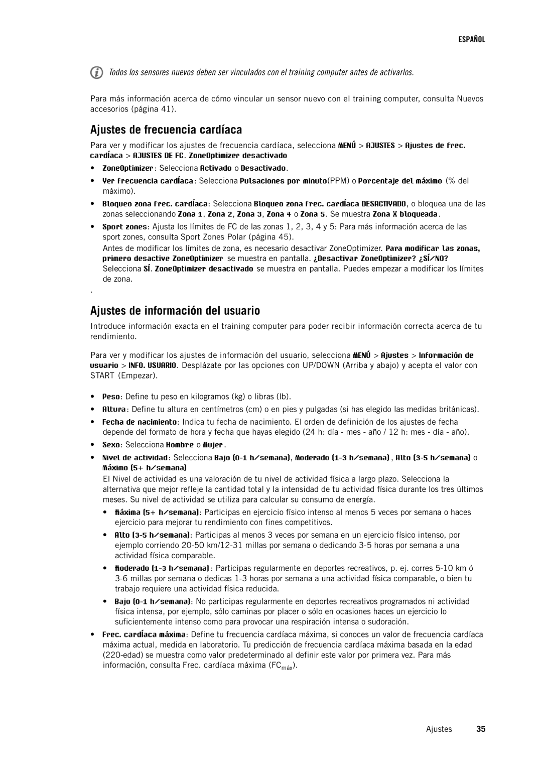 Polar RC3GPS manual Ajustes de frecuencia cardíaca, Ajustes de información del usuario 