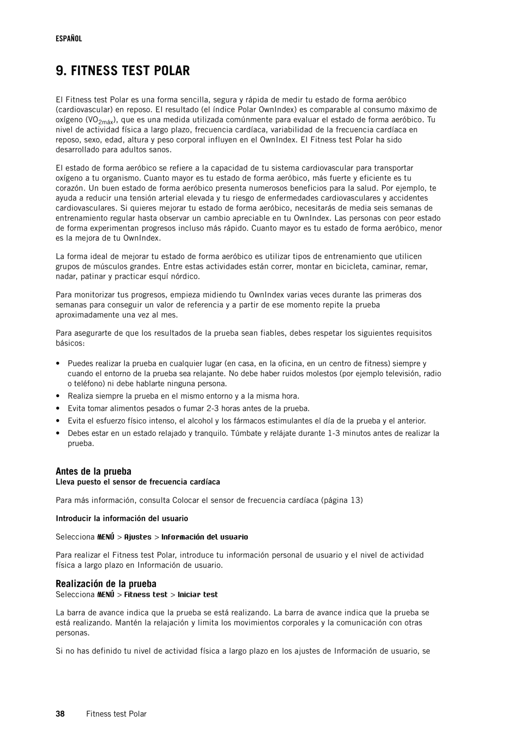 Polar RC3GPS manual Fitness Test Polar, Antes de la prueba, Realización de la prueba, Introducir la información del usuario 