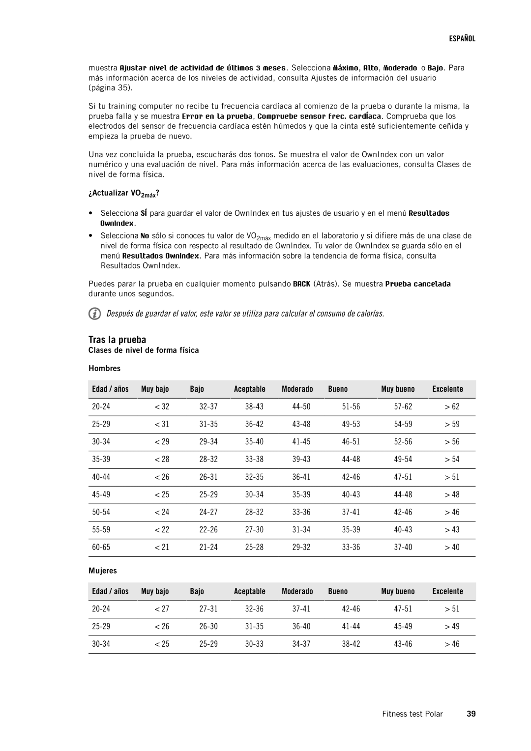 Polar RC3GPS manual Tras la prueba, ¿Actualizar VO2máx?, Clases de nivel de forma física Hombres, Mujeres 