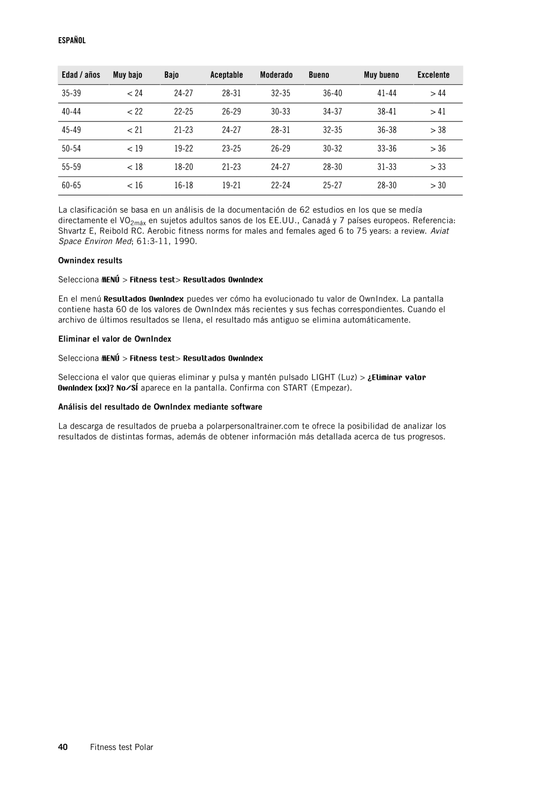 Polar RC3GPS manual Ownindex results, Eliminar el valor de OwnIndex, Análisis del resultado de OwnIndex mediante software 