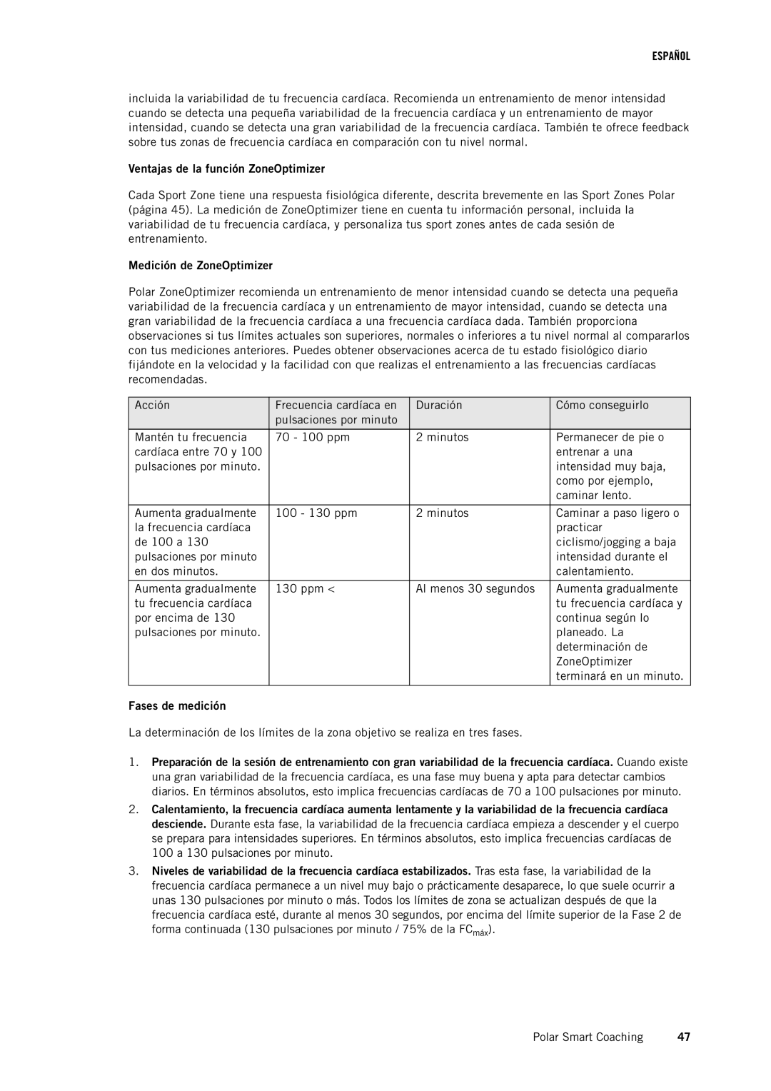 Polar RC3GPS manual Ventajas de la función ZoneOptimizer, Medición de ZoneOptimizer, Fases de medición 