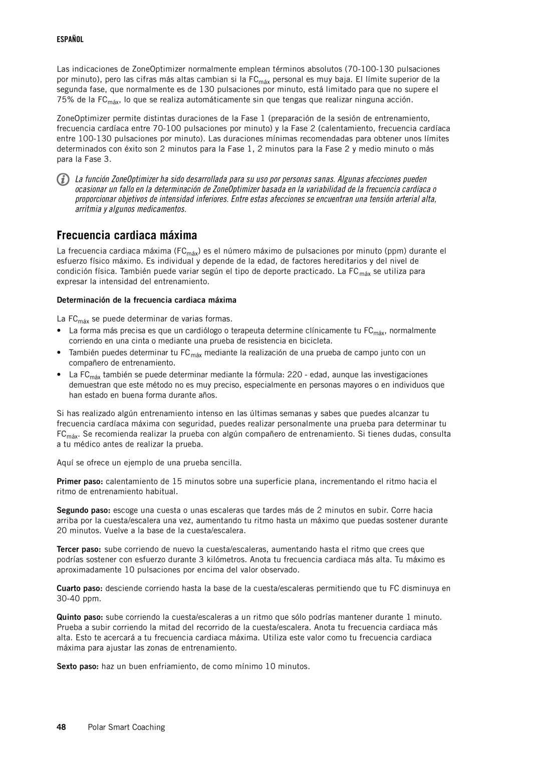 Polar RC3GPS manual Frecuencia cardiaca máxima, Determinación de la frecuencia cardiaca máxima 