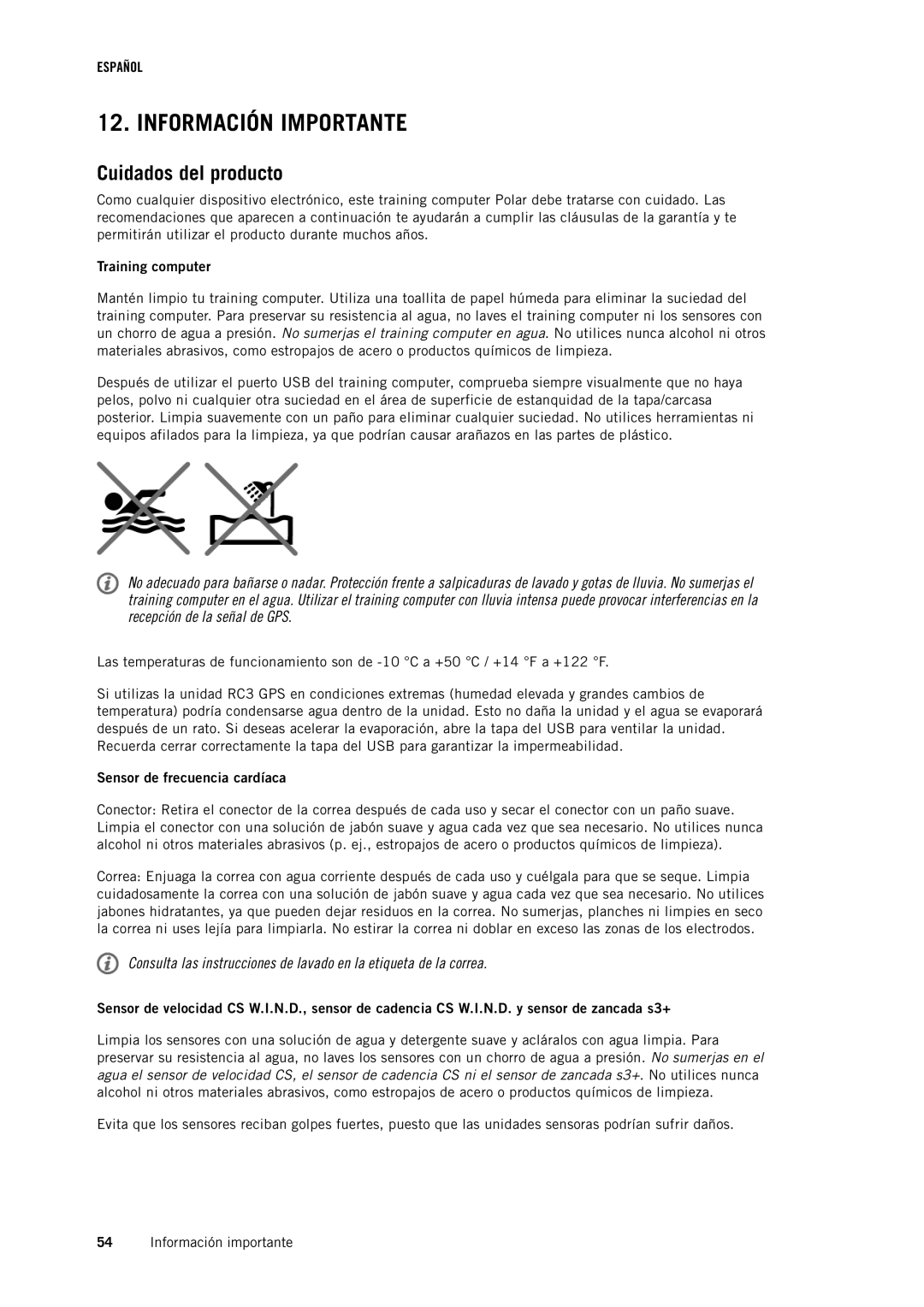 Polar RC3GPS manual Información Importante, Cuidados del producto, Training computer 