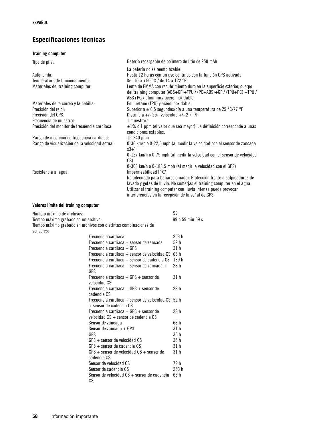 Polar RC3GPS manual Especificaciones técnicas, Training computer 