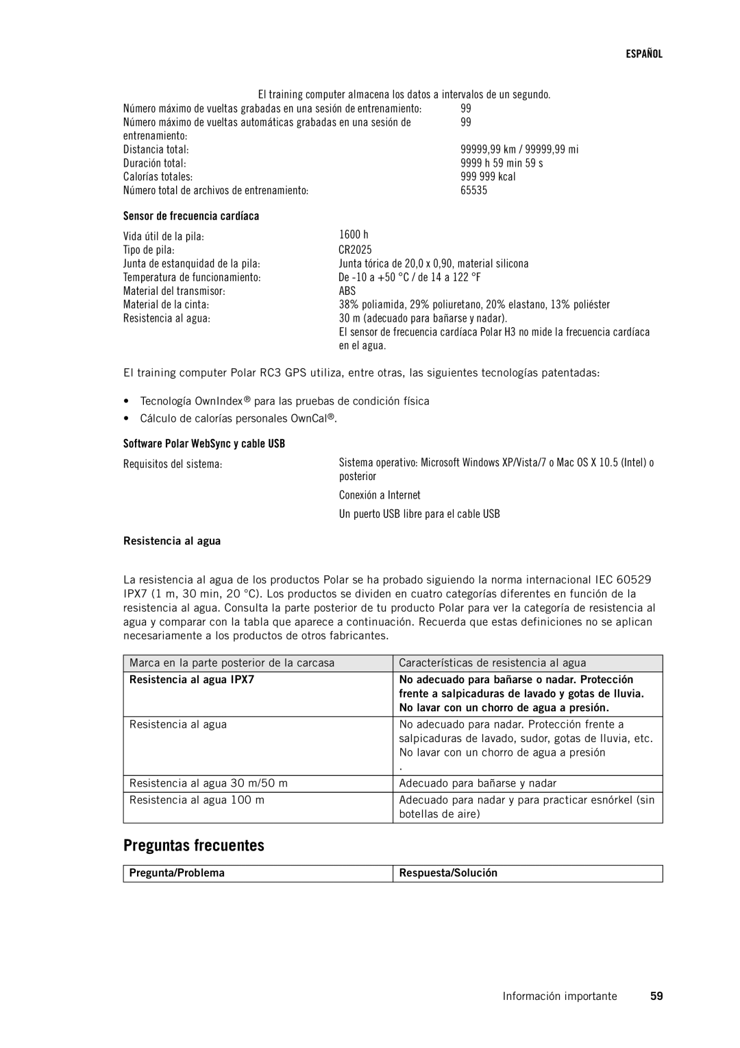 Polar RC3GPS manual Preguntas frecuentes, Resistencia al agua, Pregunta/Problema Respuesta/Solución 