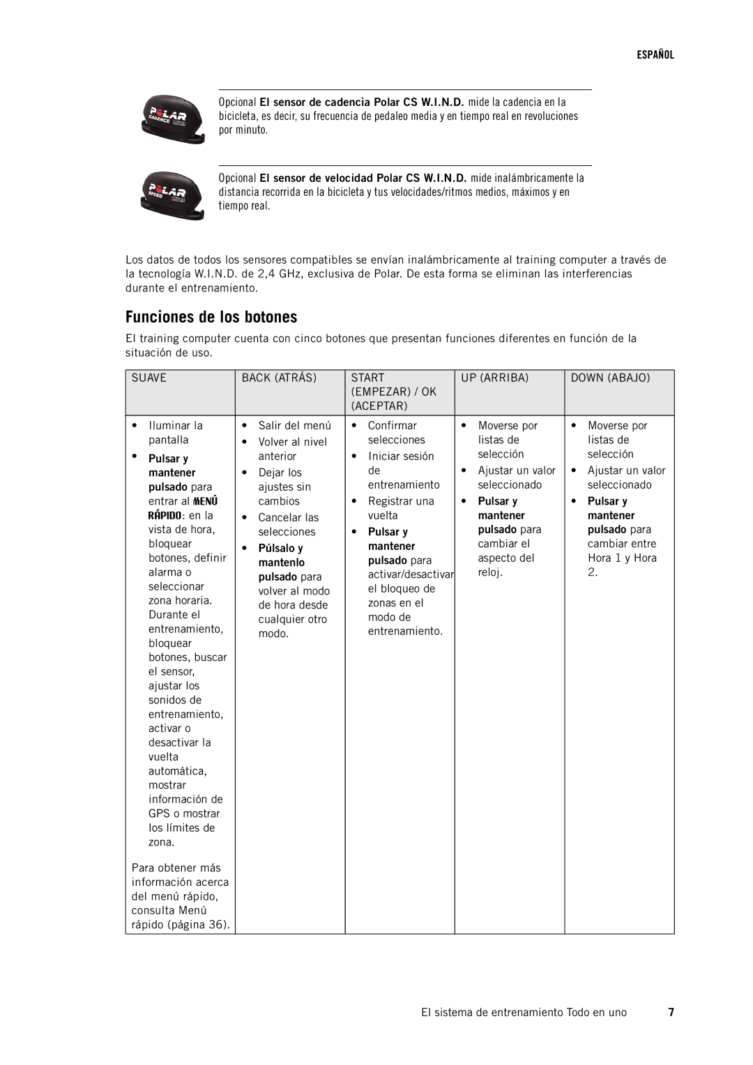 Polar RC3GPS manual Funciones de los botones 