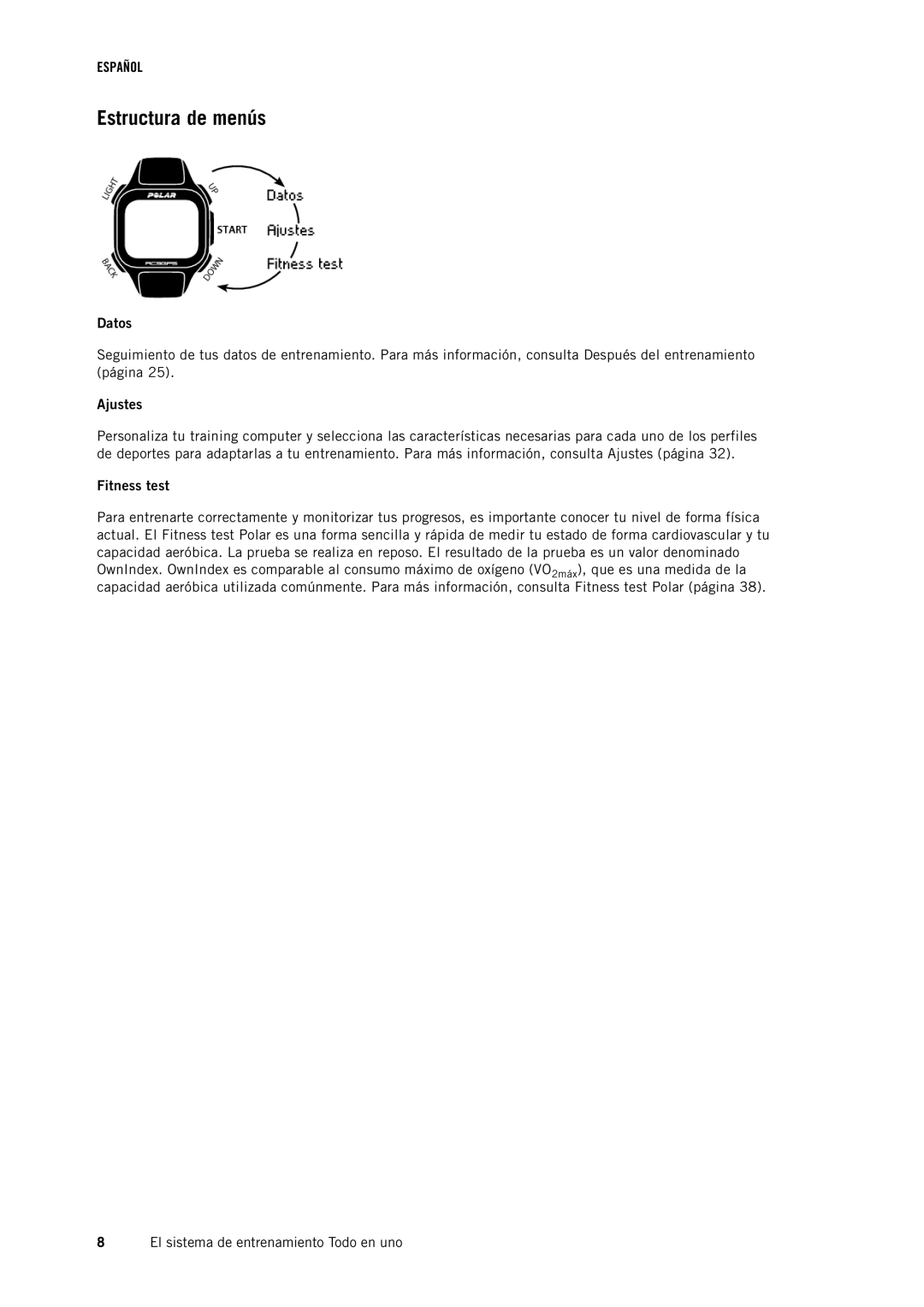 Polar RC3GPS manual Estructura de menús, Datos, Ajustes, Fitness test 