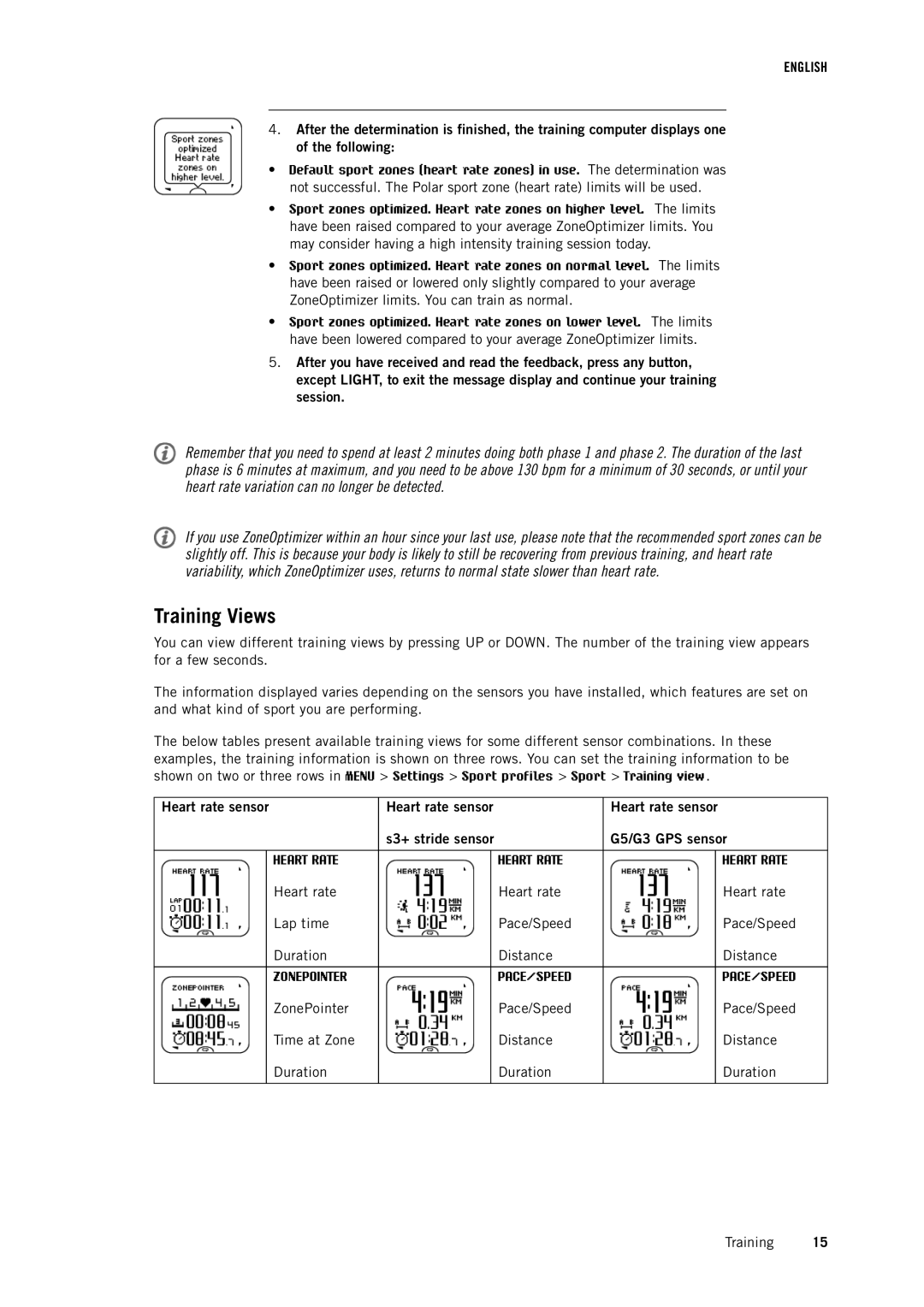 Polar RCX3 user manual Training Views, Heart rate sensor S3+ stride sensor G5/G3 GPS sensor 