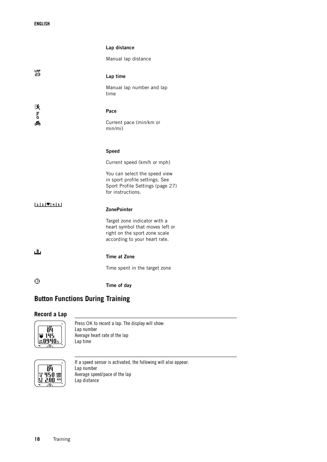 Polar RCX3 user manual Button Functions During Training, Record a Lap 