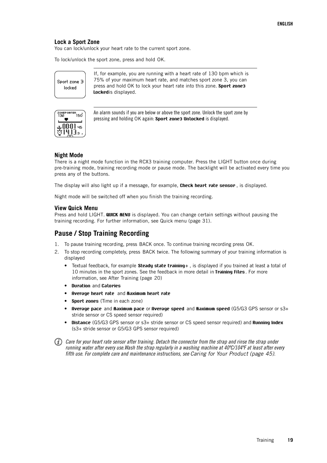 Polar RCX3 user manual Pause / Stop Training Recording, Lock a Sport Zone, Night Mode, View Quick Menu 