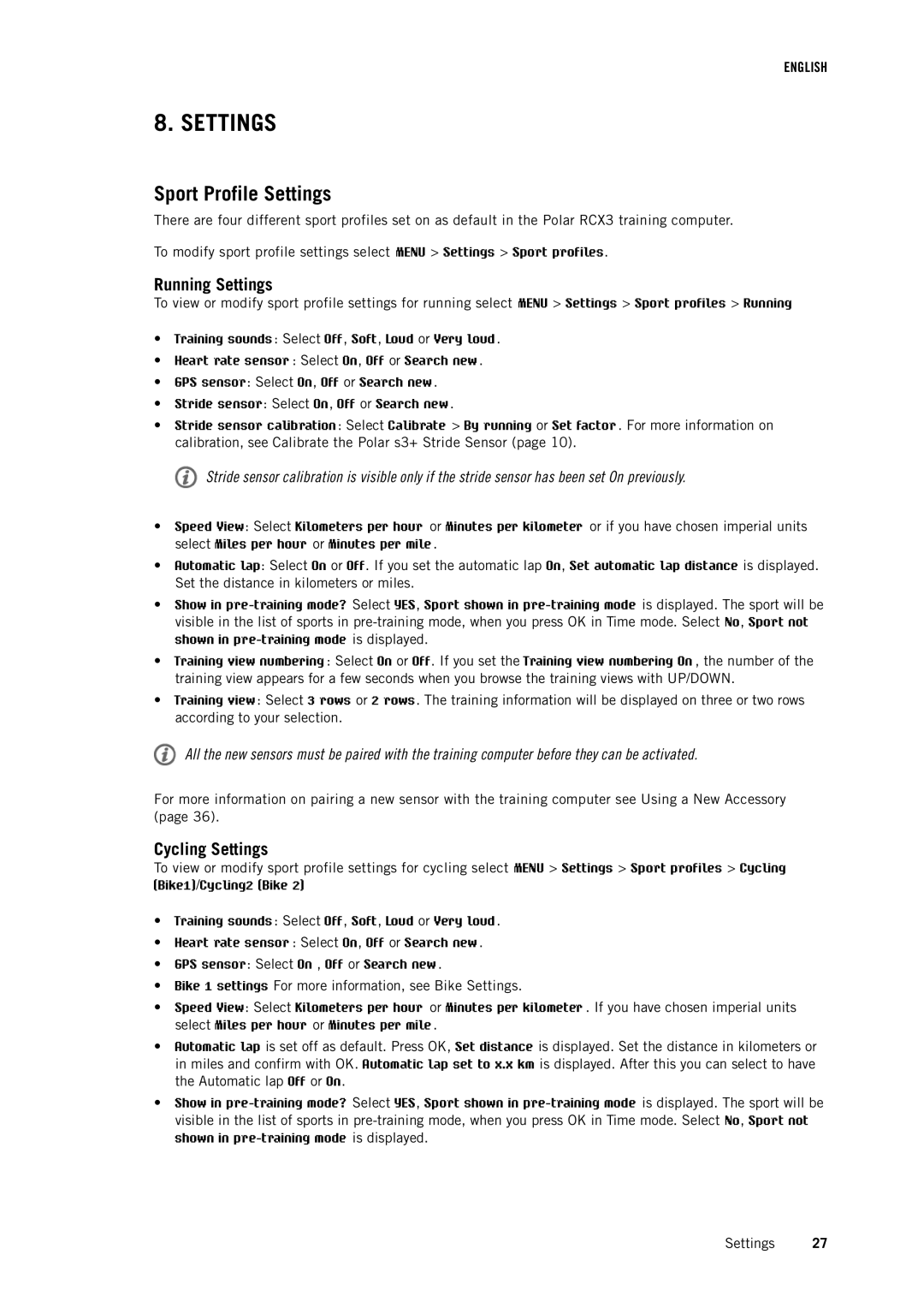 Polar RCX3 user manual Sport Profile Settings, Running Settings, Cycling Settings 