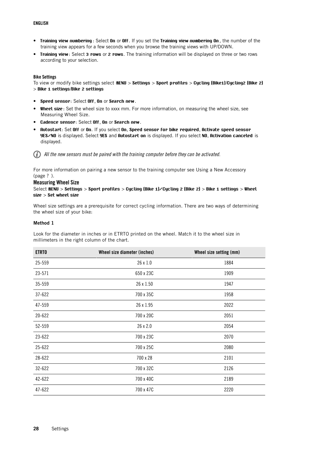 Polar RCX3 user manual Bike Settings, Method 