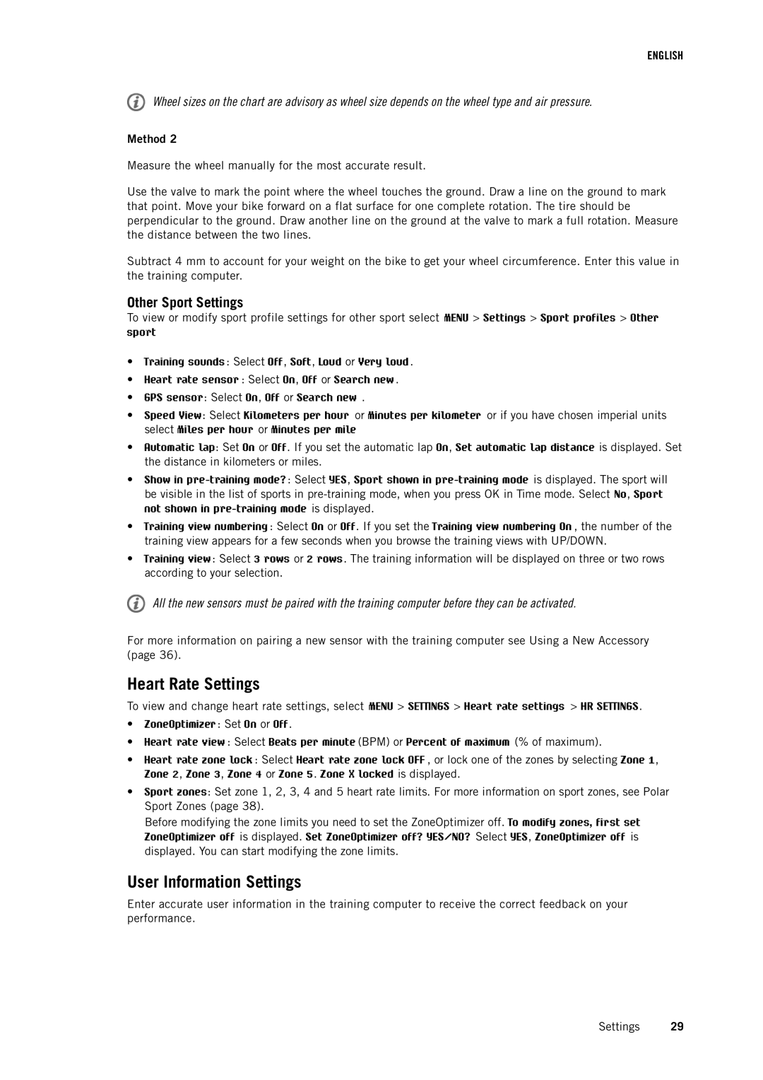 Polar RCX3 user manual Heart Rate Settings, User Information Settings, Other Sport Settings 