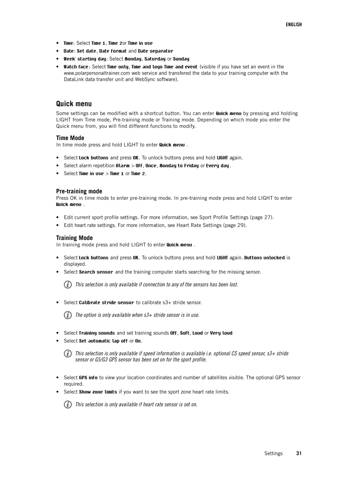 Polar RCX3 user manual Quick menu, Time Mode, Pre-training mode, Training Mode 